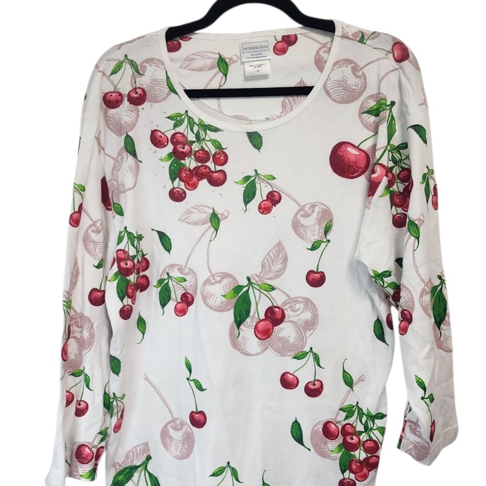Morning Sun Womens 2X White Red Cherry Print Long Sleeve T-Shirt‎ Top